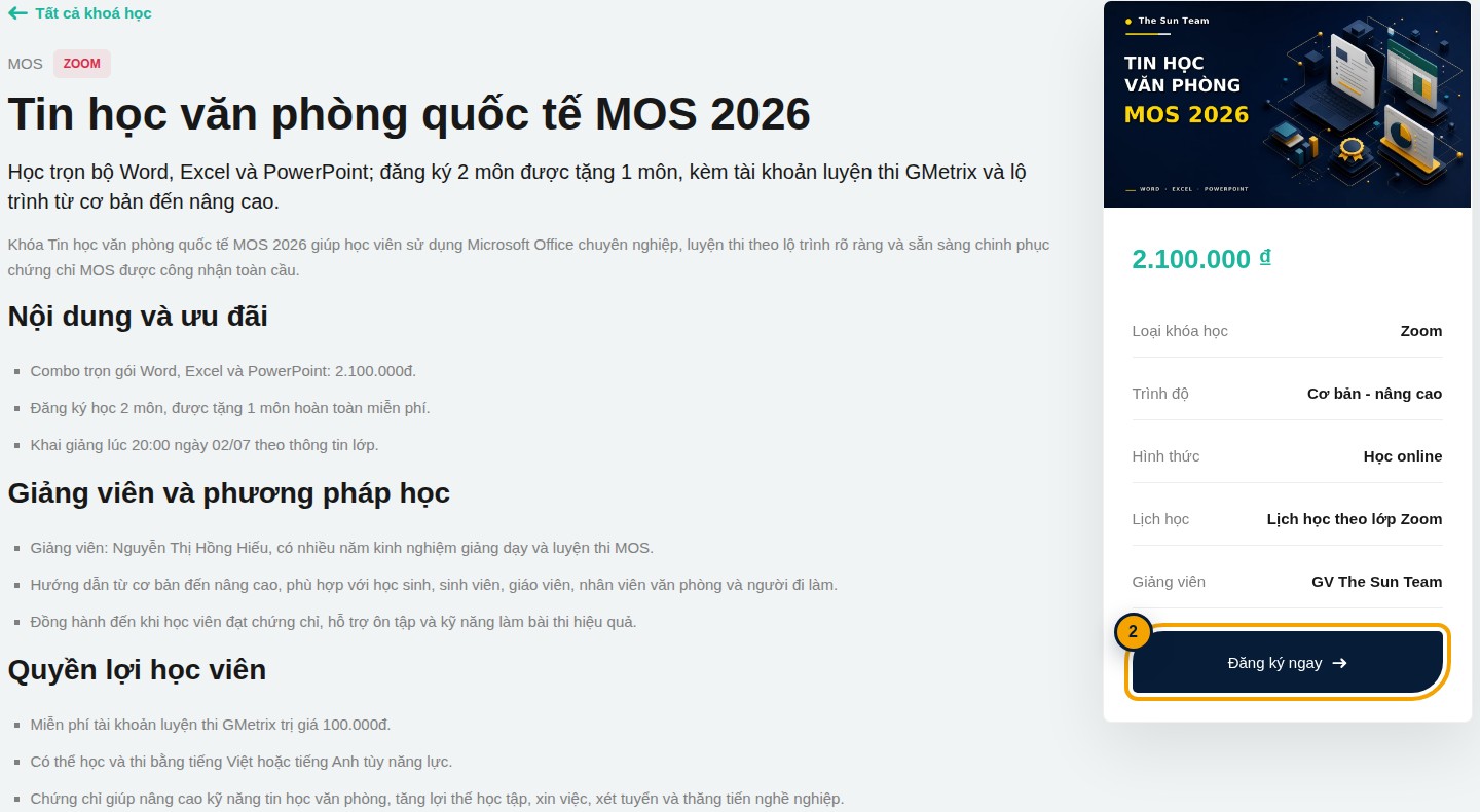 Trang chi tiết khóa MOS 2026 với nút Đăng ký ngay