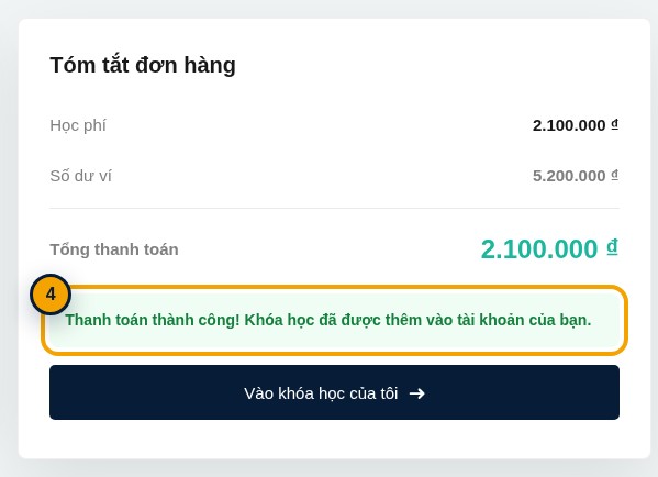 Thông báo thanh toán thành công và nút Vào khóa học của tôi