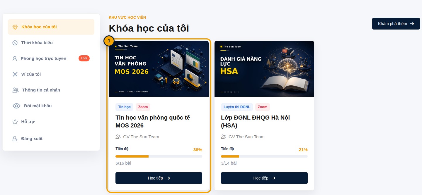 Trang Khóa học của tôi với thẻ khóa MOS được khoanh vàng