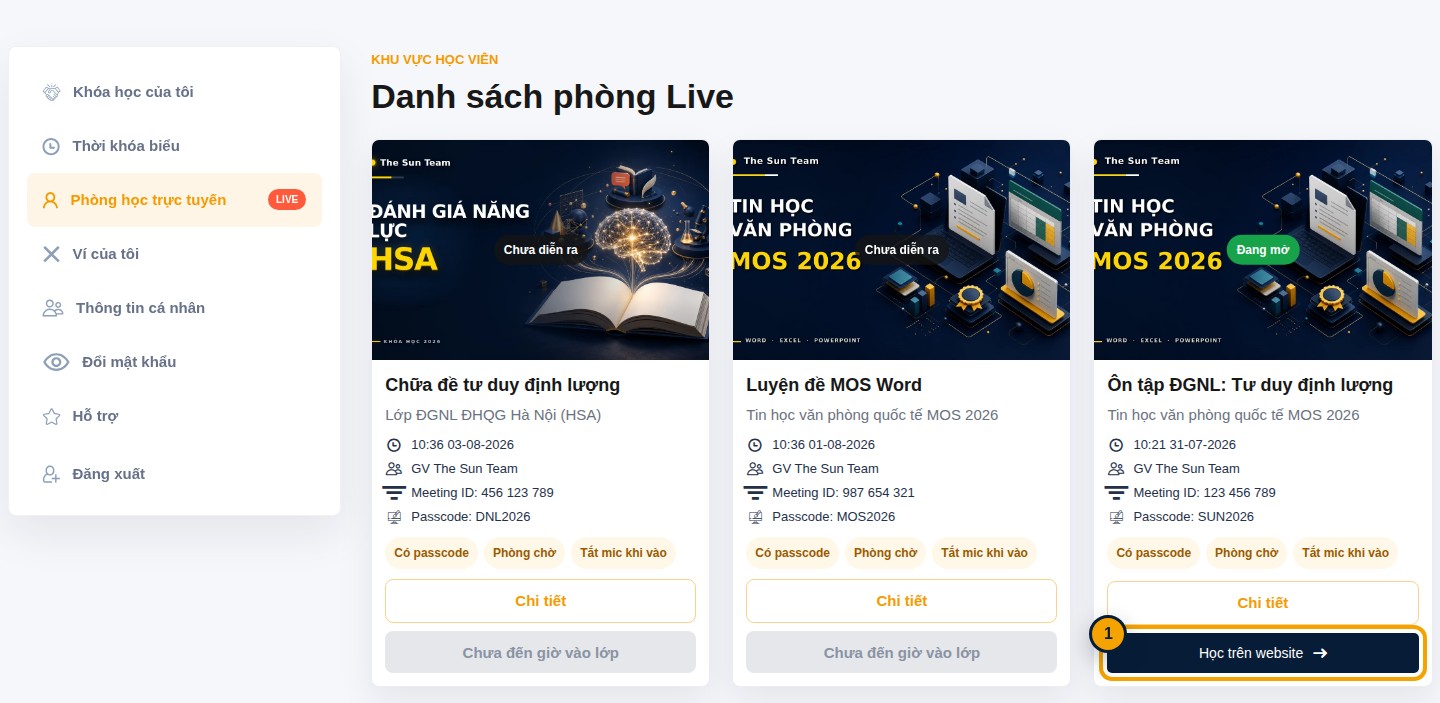 Danh sách phòng live với nút Học trên website được khoanh vàng